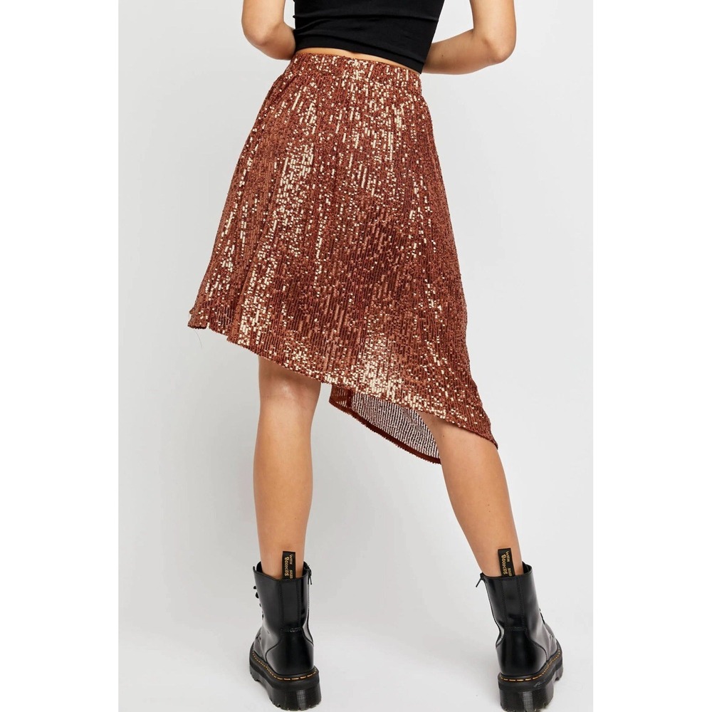 Free People Last Dance Sequin‎ Asymmetrical Skirt  Size Sz XS Bronze Gold